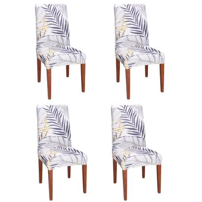 Set 4 huse elastice pentru scaun universale, model frunze, alb cu bleumarin