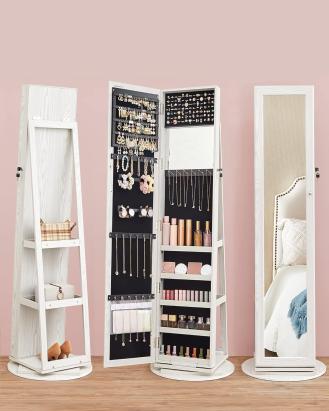 Oglindă de podea Songmics cu dulap pentru bijuterii și rotire 360°, alb