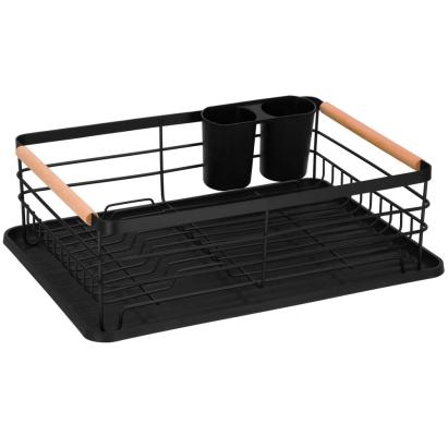 Uscator de vase din otel cu suport tacamuri si tava, negru, 42x32x15 cm