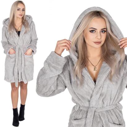 Halat de baie dama gri cu gluga, pufos, pana la genunchi, marimea S/M