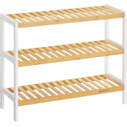 Raft pentru pantofi SONGMICS din bambus, 3 niveluri, alb si maro