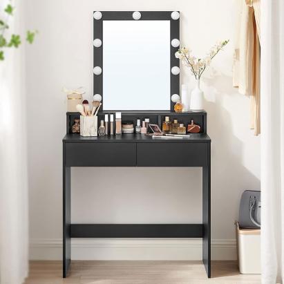 Masă de toaletă Vasagle cu LED, oglindă și 2 sertare, 80x40x145 cm, negru