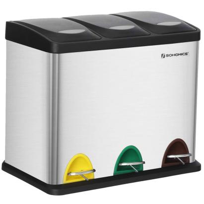 Coș de reciclare Songmics din inox, 3 compartimente, 24L, argintiu