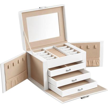 Cutie de bijuterii Songmics cu 4 niveluri, oglindă și încuietoare, albă