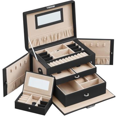 Cutie de bijuterii Songmics cu 3 nivele, oglinda, cheie si maner, neagra