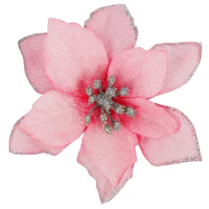 Set 10 ornamente de Craciun Poinsettia roz cu clips, 13 cm