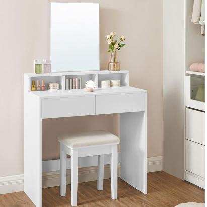 Masă de toaletă VASAGLE cu oglindă, 2 sertare și rafturi, alb, 80 cm