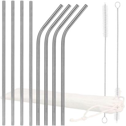 Set 8 paie metalice reutilizabile din inox, argintii, cu husa si perii