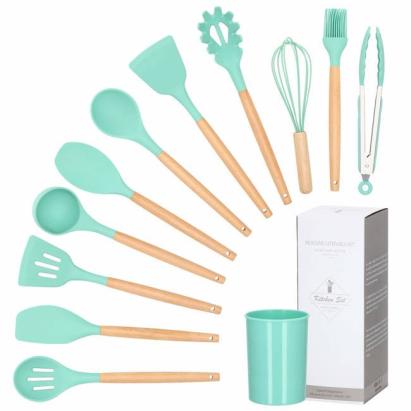 Set 12 ustensile de bucătărie din silicon termorezistent cu bambus, verde