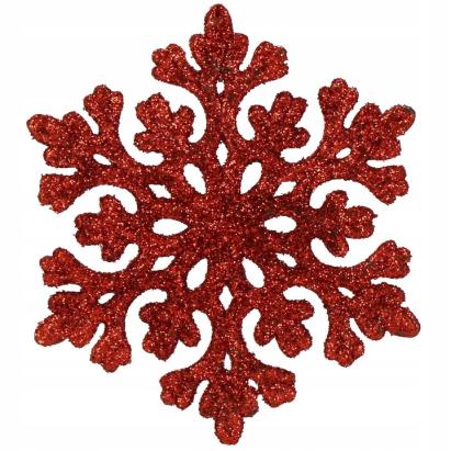 Set 8 decorațiuni pentru brad, fulg de zăpadă roșu cu sclipici, 8 cm