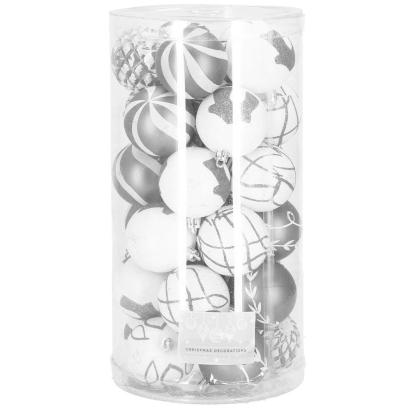 Set 30 globuri de Craciun argintii cu modele festive, 6 cm, incasabile