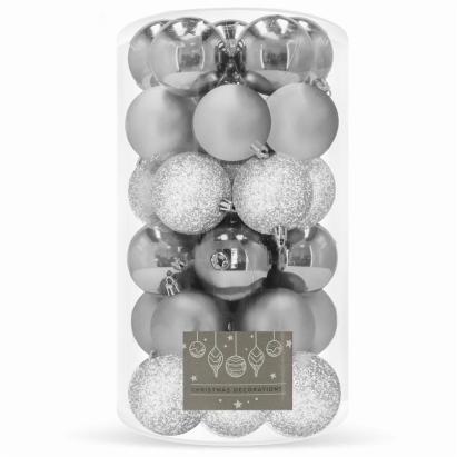 Set 30 globuri de Craciun argintii, 3 modele, 6 cm, din plastic incasabil