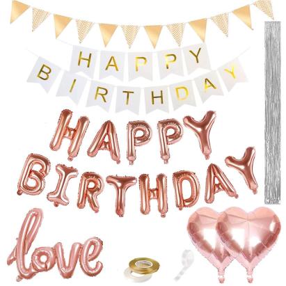 Set decor aniversar Happy Birthday cu 48 piese, baloane roz si argintiu