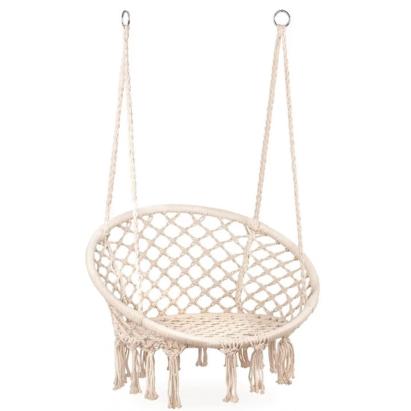 Scaun suspendat rotund tip leagan cu franjuri, crem, 150 kg