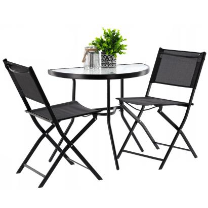 Set mobilier balcon si gradina cu masa semirotunda din sticla si 2 scaune pliabile, negru