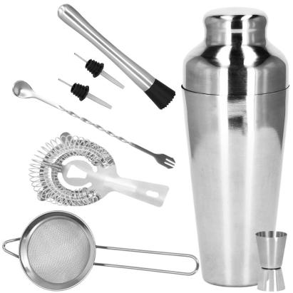 Set cocktail shaker pentru barmani, 550 ml, 8 piese, inox argintiu
