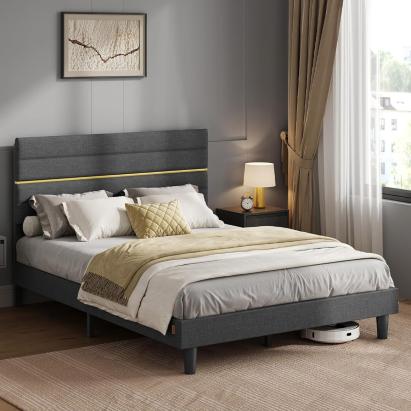 Pat tapitat VASAGLE 140x200 cm cu tablie reglabila si structura metalica, gri inchis