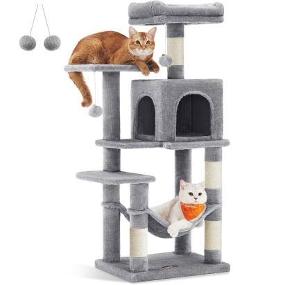 FEANDREA Ansamblu de joaca pentru pisici cu 2 platforme, 1 culcus, hamac si 4 stalpi sisal, 45x35x112 cm, gri