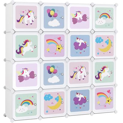 Dulap modular pentru jucarii Songmics, 16 cuburi cu usi, alb, 123x31x123 cm