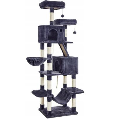 FEANDREA Ansamblu de joaca pentru pisici, tip copac, cu 3 culcusuri, hamac si 2 ascunzatoare, 60x50x206cm, gri inchis