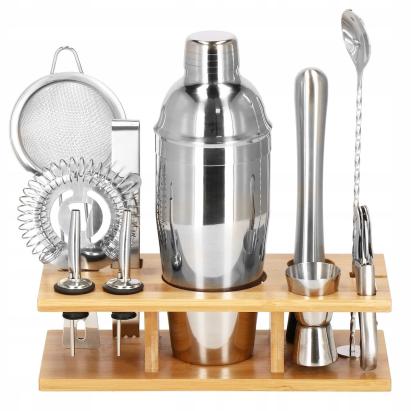 Set cocktail shaker pentru barmani, 12 piese, 750 ml, suport din bambus
