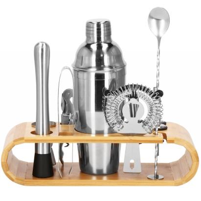 Set cocktail shaker pentru barmani, 12 piese, 750 ml, suport bambus