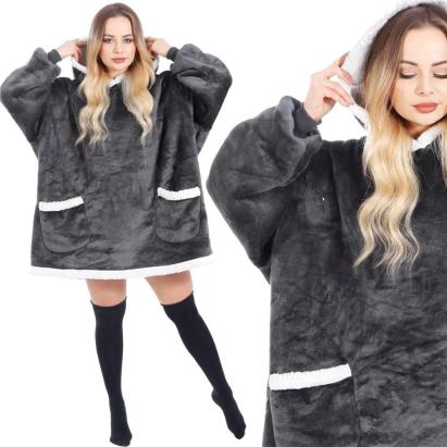 Pătură hanorac pufoasă cu glugă, mâneci și buzunare, grafit, universală