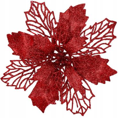 Set 10 ornamente de Craciun Poinsettia visiniu, 16 cm, cu clema