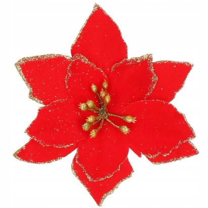 Set 10 ornamente brad Craciun Poinsettia 13 cm, rosu cu sclipici