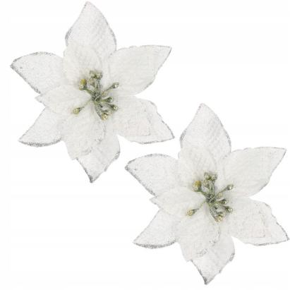 Set 10 ornamente Poinsettia pentru brad, 13 cm, gri argintiu cu sclipici