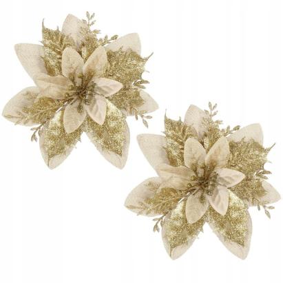 Set 10 ornamente brad Craciun Poinsettia 13 cm, auriu-crem