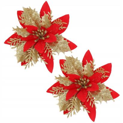 Set 10 ornamente brad Craciun Poinsettia 14 cm, rosu-auriu