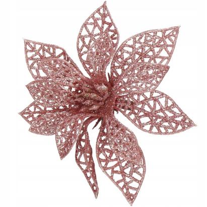 Set 10 ornamente pentru brad Poinsettia roz, 10 cm, cu clips