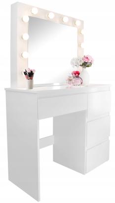 Masă de toaletă și machiaj Hollywood Pro albă cu oglindă și 12 LED-uri