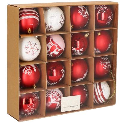 Set globuri de Craciun rosu alb, 16 bucati, 8 cm, modele festive