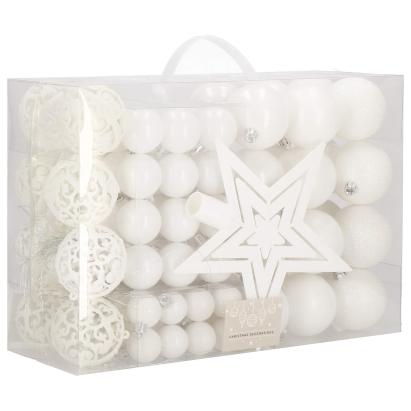 Set globuri de Craciun albe, 100 piese, cu stea pentru varf, diverse dimensiuni