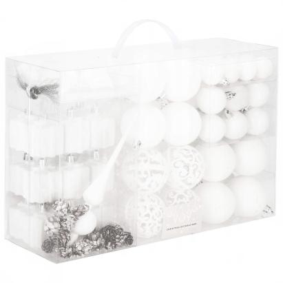 Set globuri si decoratiuni pentru brad de Craciun, 101 piese, alb