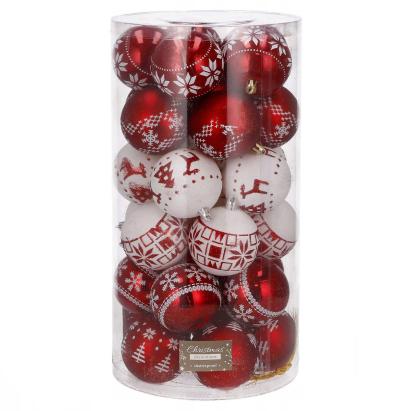Set 30 globuri de Craciun alb-rosu, 7 cm, cu modele festive