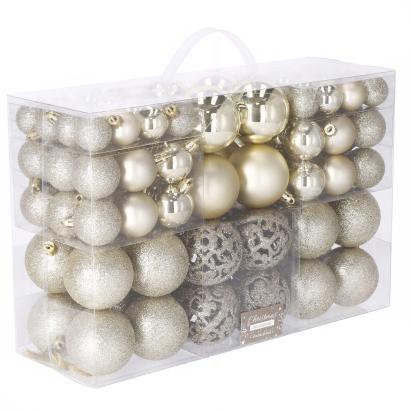 Set 100 globuri de Craciun aurii din plastic, 3-6 cm, diverse modele