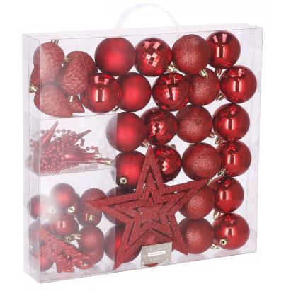 Set globuri si decoratiuni de Craciun rosii, 51 piese, din plastic
