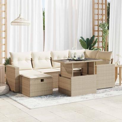 Set canapele de grădină, 7 piese, cu perne, bej, poliratan GartenMobel Dekor