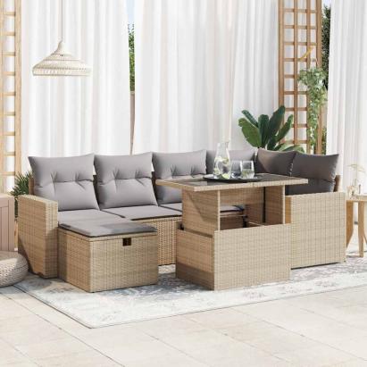 Set canapele de grădină, 7 piese, cu perne, bej, poliratan GartenMobel Dekor