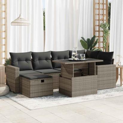 Set canapele de grădină, 7 piese, cu perne, gri, poliratan GartenMobel Dekor