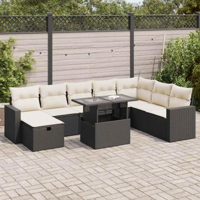Set mobilier de grădină cu perne, 9 piese, negru, poliratan GartenMobel Dekor
