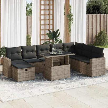 Set canapele de grădină, 9 piese, cu perne, gri, poliratan GartenMobel Dekor