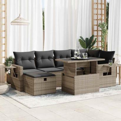 Set canapele de grădină, 7 piese, cu perne, gri, poliratan GartenMobel Dekor