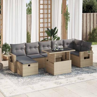 Set canapele de grădină, 8 piese, cu perne, bej, poliratan GartenMobel Dekor