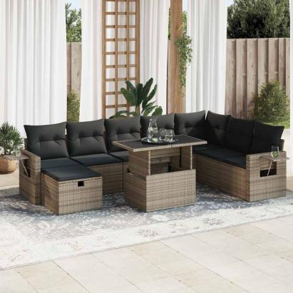 Set canapele de grădină, 9 piese, cu perne, gri, poliratan GartenMobel Dekor