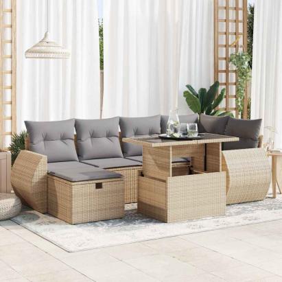 Set canapele de grădină, 7 piese, cu perne, bej, poliratan GartenMobel Dekor
