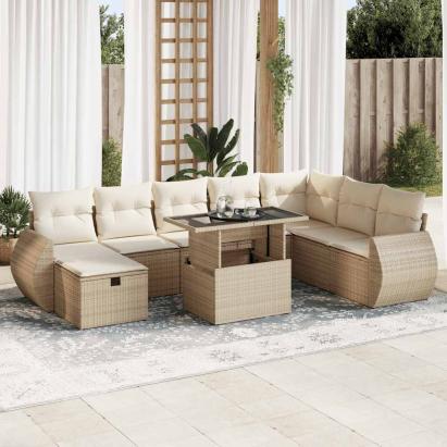 Set canapele de grădină, 9 piese, cu perne, bej, poliratan GartenMobel Dekor